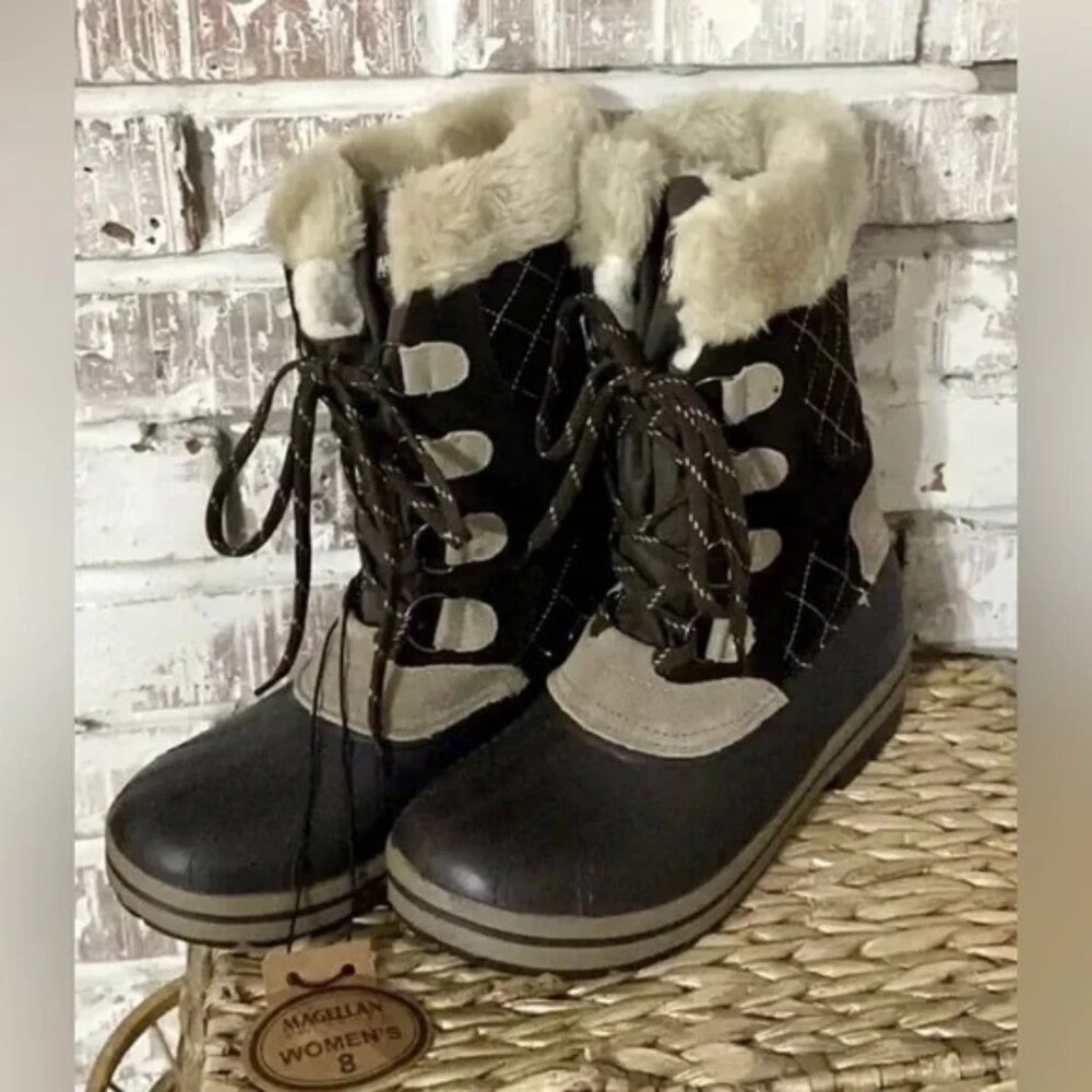 Magellan NWT Leather Boots Sz 8 Women’s Lace Up Brown Faux Fur Women’s Suede
